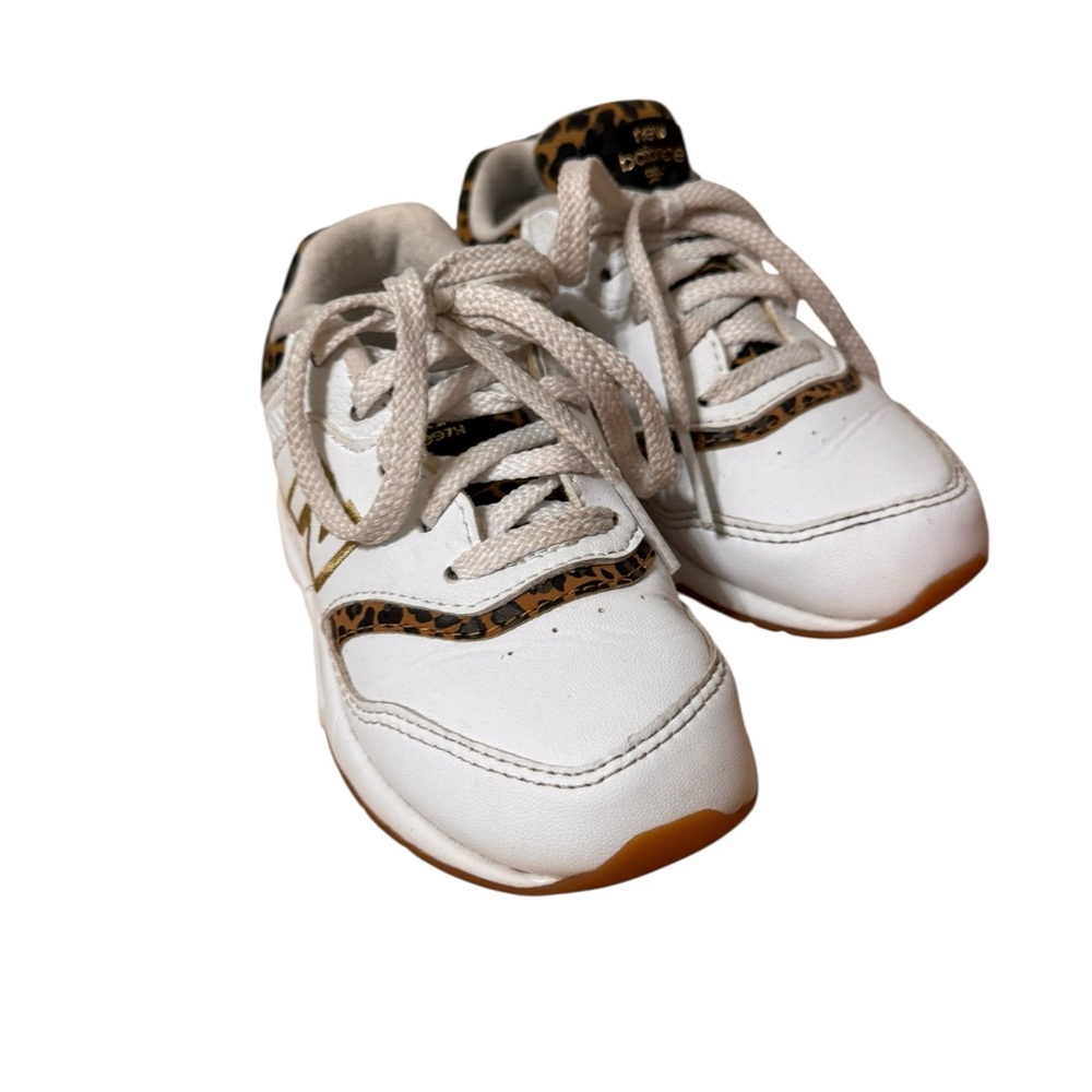New Balance Kids White Sneakers with Gold Accents and Leopard Trim - Picture 3 of 7